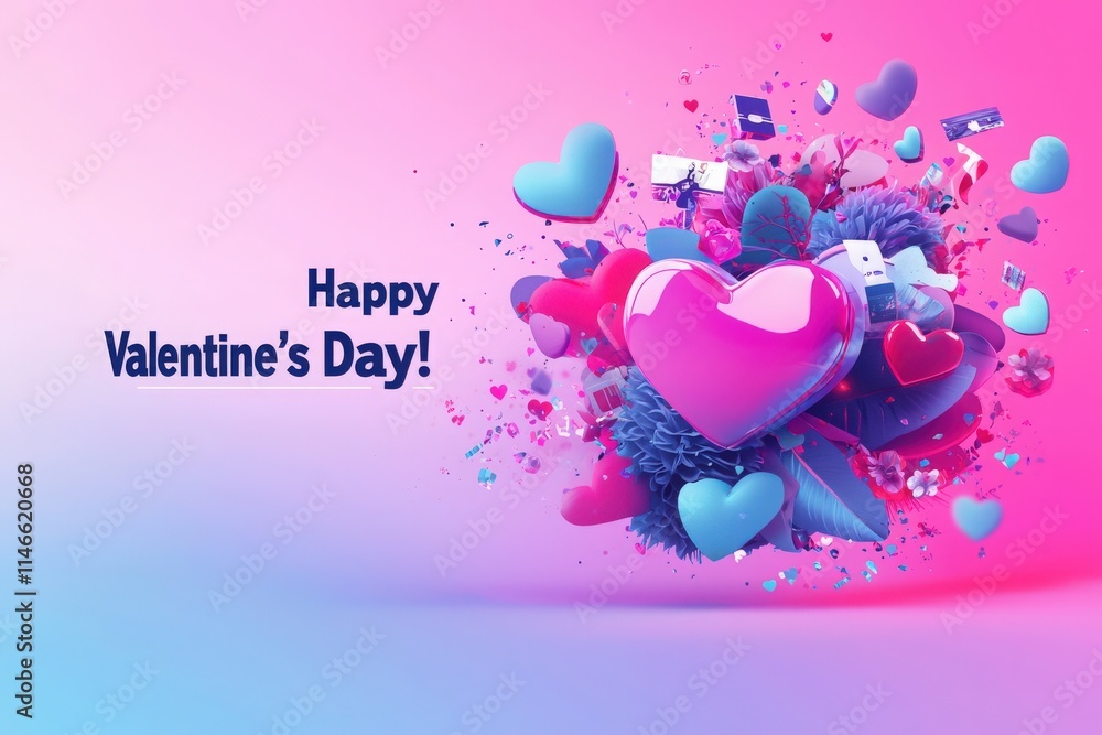 Bright and colorful heart shapes and floral accents fill the scene, celebrating love on Valentines Day. The vibrant design conveys a cheerful mood perfect for the occasion.