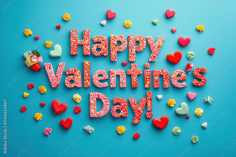 Brightly colored letters spell out Happy Valentines Day on a blue background, surrounded by various hearts and decorative confections, creating a joyful atmosphere for the holiday.