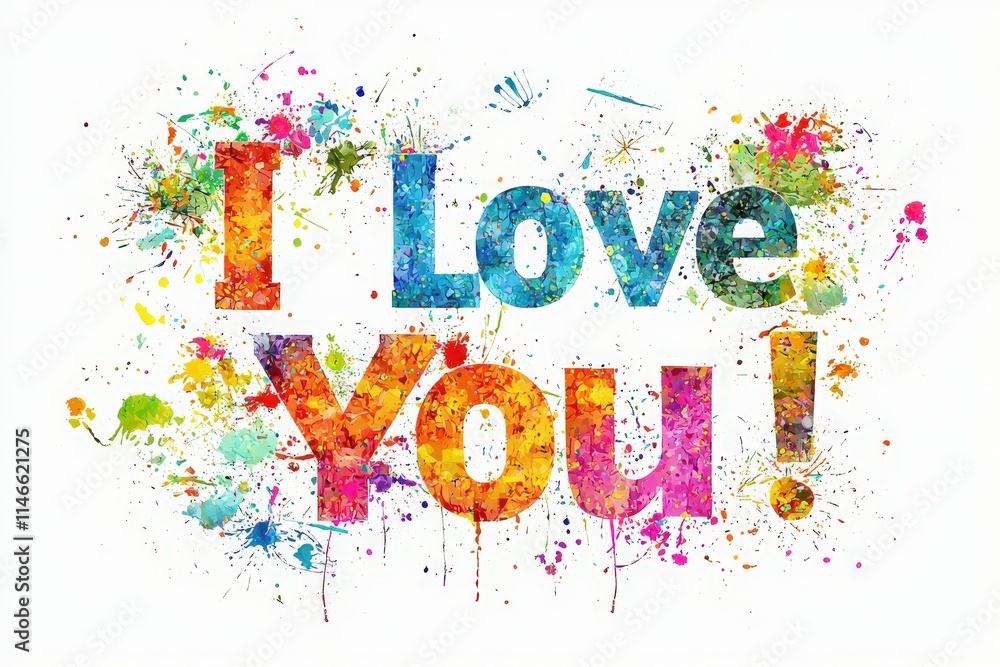 A vibrant display features the phrase I Love You in large, colorful letters surrounded by splashes of paint. This artwork conveys a joyful expression of affection and positivity.