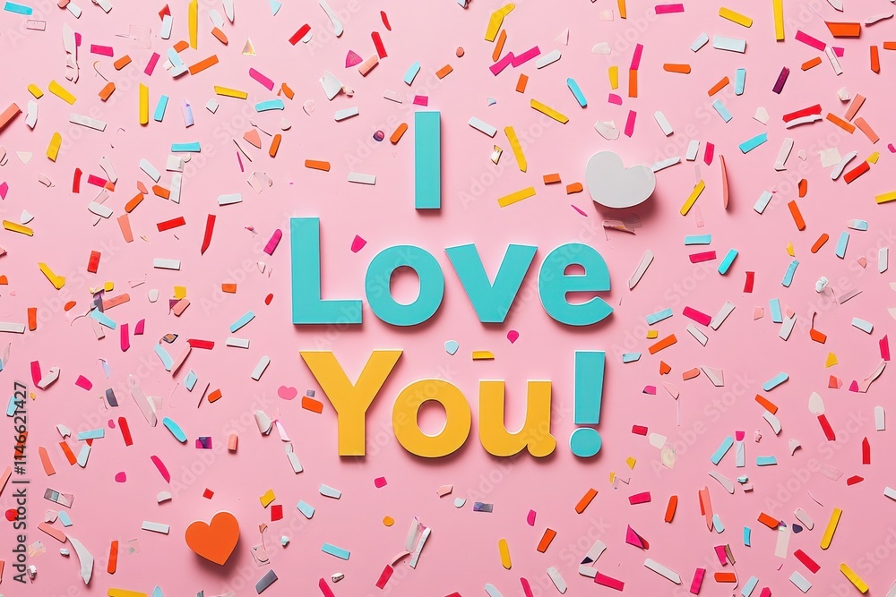 Brightly colored letters spelling I Love You! are surrounded by an assortment of confetti on a pink background. This joyful display creates a cheerful and loving atmosphere.