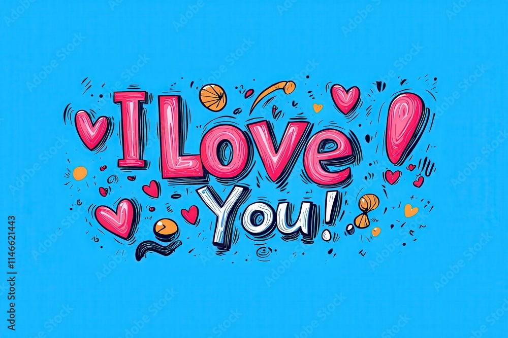 A vibrant design features the words I Love You in bold letters, decorated with hearts and sports motifs. The background is a bright blue, creating an energetic and playful feel.