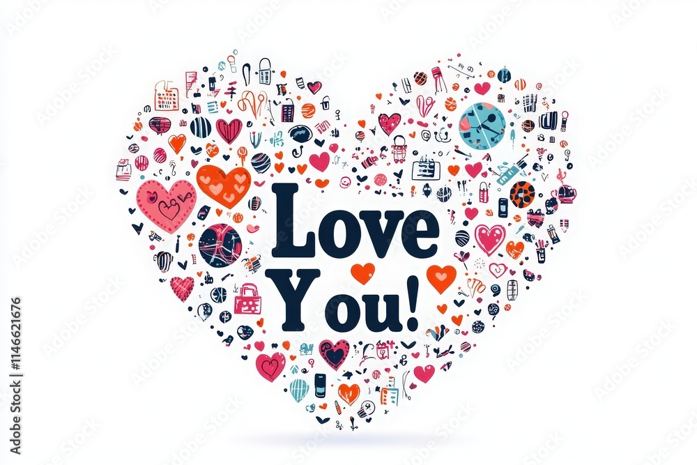 A vibrant heart shape filled with various symbols representing love, including hearts, gifts, and playful doodles. The design communicates warmth and affection in a joyful manner.