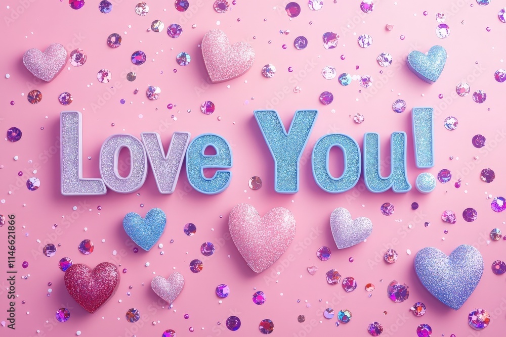 Glittery hearts and large sparkly letters spell out love you on a soft pink background. Various sizes and colors create a festive and romantic atmosphere suitable for celebrations.