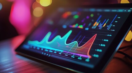 Wall Mural - close-up of a digital tablet presenting real-time sales data with colorful infographics and a line g