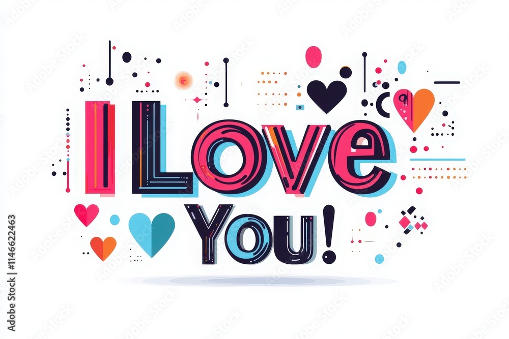 A vibrant design features the phrase I Love You surrounded by colorful hearts and playful shapes. This artwork expresses deep affection and joy in a creative, eye-catching way.