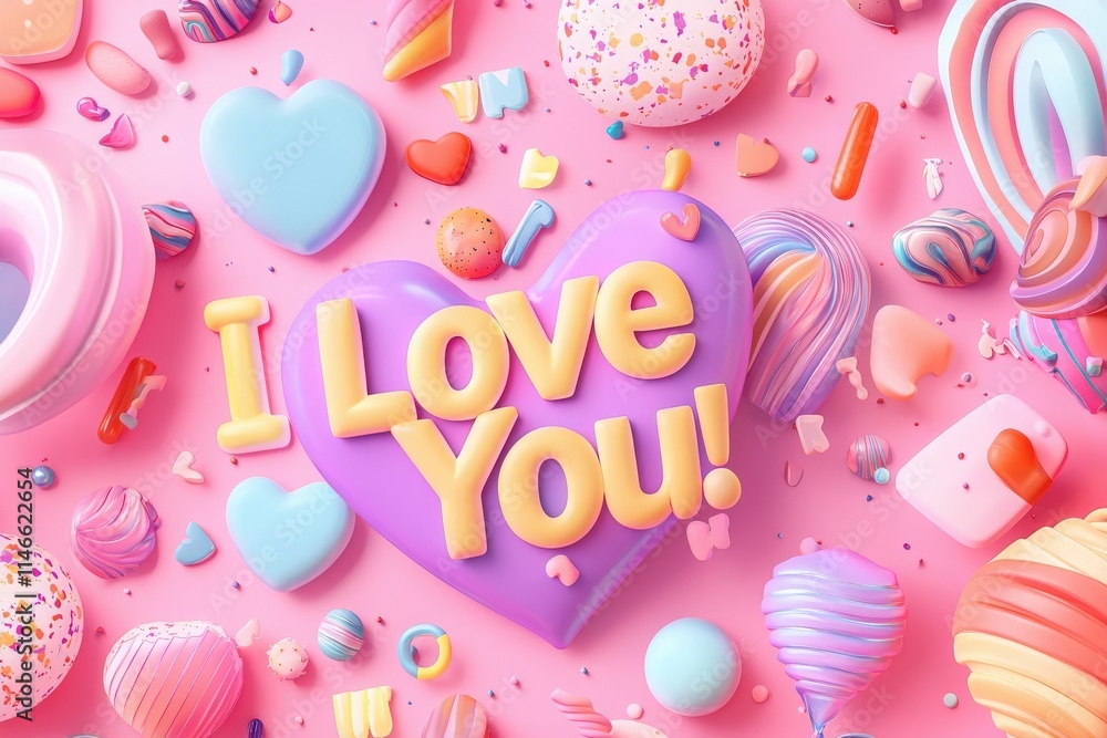 Bright candy shapes and hearts fill a pink surface, with colorful letters stating love. The playful arrangement creates a joyful and festive atmosphere perfect for celebrations.