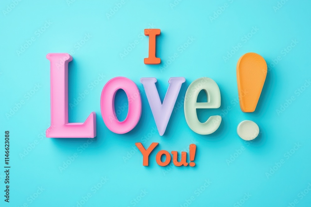 Brightly colored letters spell out a heartfelt message on a vibrant blue backdrop, perfect for expressing love. Ideal for use in decorations or greeting cards celebrating affection and romance.