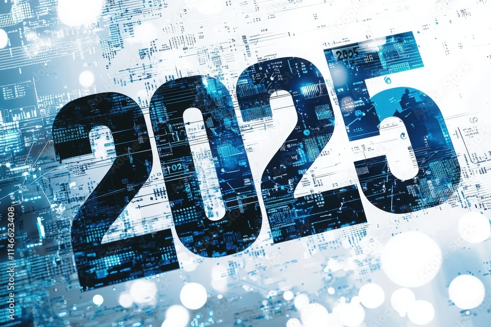 A futuristic design displays the year 2025 prominently, surrounded by abstract digital graphics emphasizing technology and innovation. The composition suggests themes of progress.