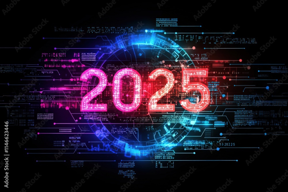 Bright colors and digital patterns present a futuristic representation of the year 2025, emphasizing technology and data integration in a vibrant display.