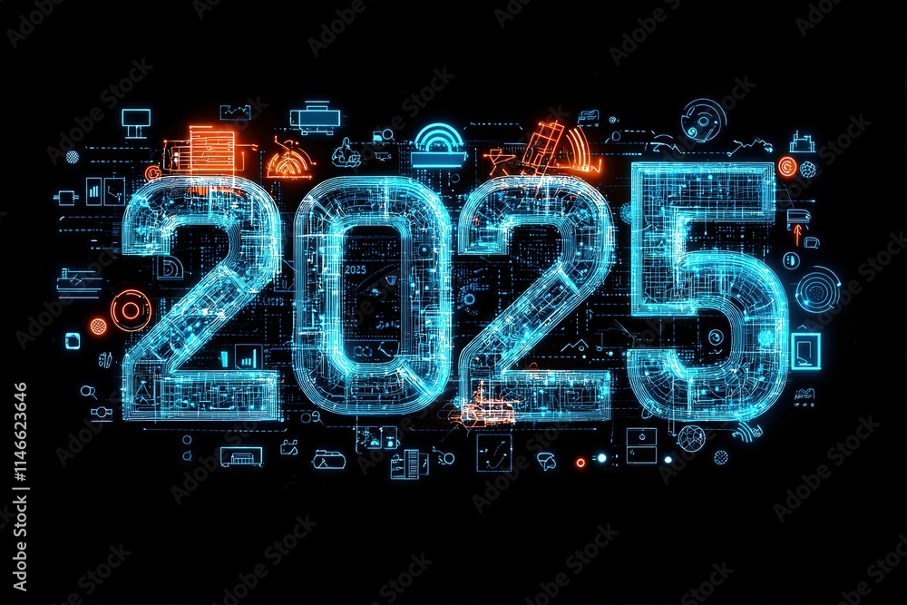 The artwork showcases the year 2025 in bold, glowing numbers surrounded by various technology icons and symbols. The vibrant colors contrast against a dark background, emphasizing a futuristic theme.