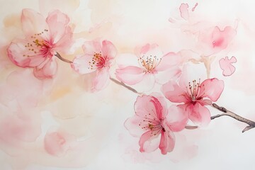 Wall Mural - Delicate pink blossoms branch watercolor painting.