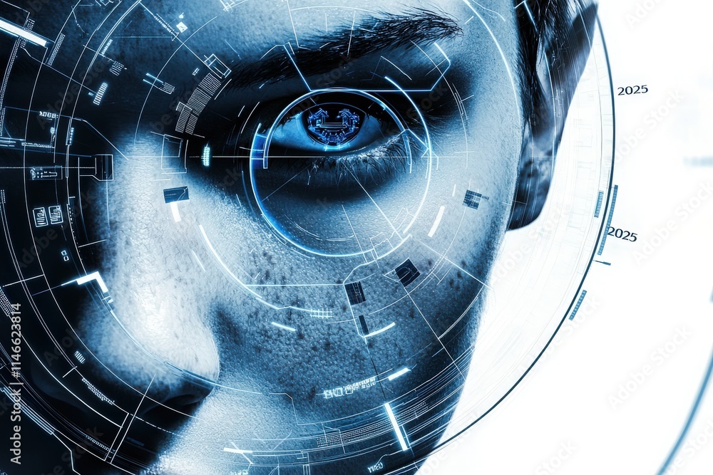 This captivating visual showcases a close-up of a persons eye surrounded by intricate digital interfaces and data projections, embodying a theme of advanced technology and futurism.
