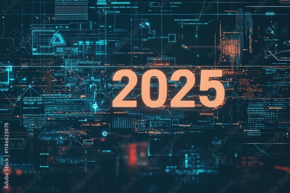 A vibrant digital landscape showcases the year 2025 in bold numbers, surrounded by intricate technology graphics and data patterns illuminating a high-tech vision of the future.