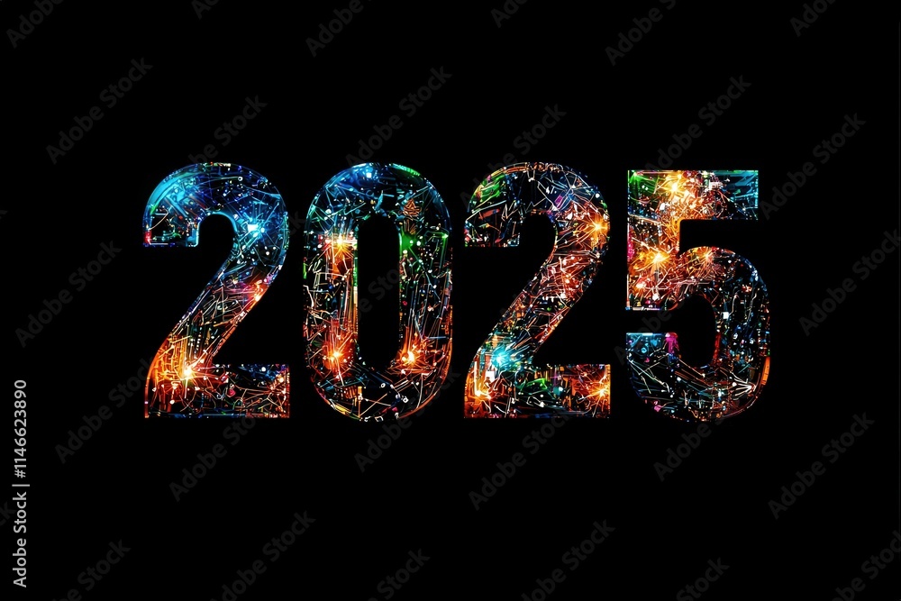 Vibrant depiction of the number 2025, filled with multicolored lights and intricate patterns on a dark background, symbolizing celebration and anticipation for the future.