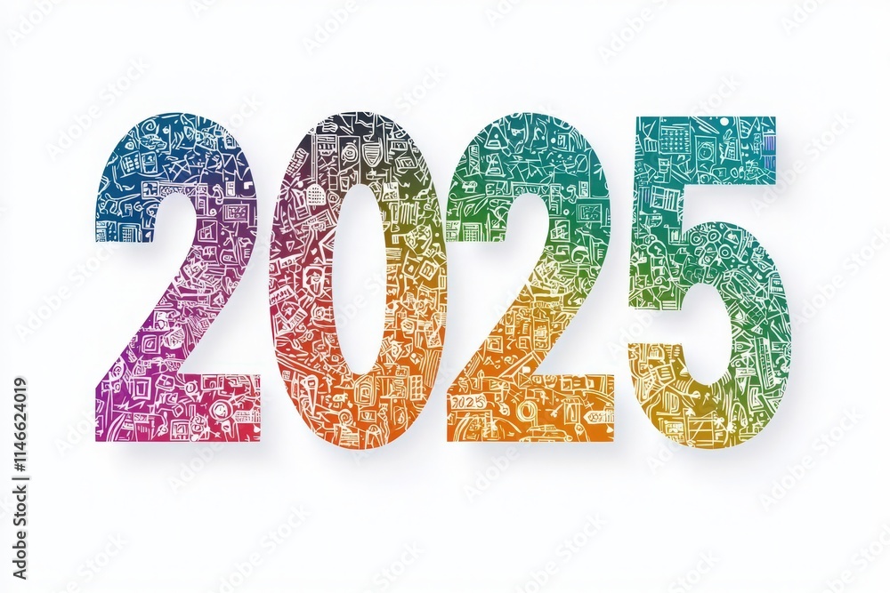 Creative illustrations fill the numbers representing the year 2025, featuring various themes and symbols. This vibrant design captures the essence of innovation and excitement for the future.