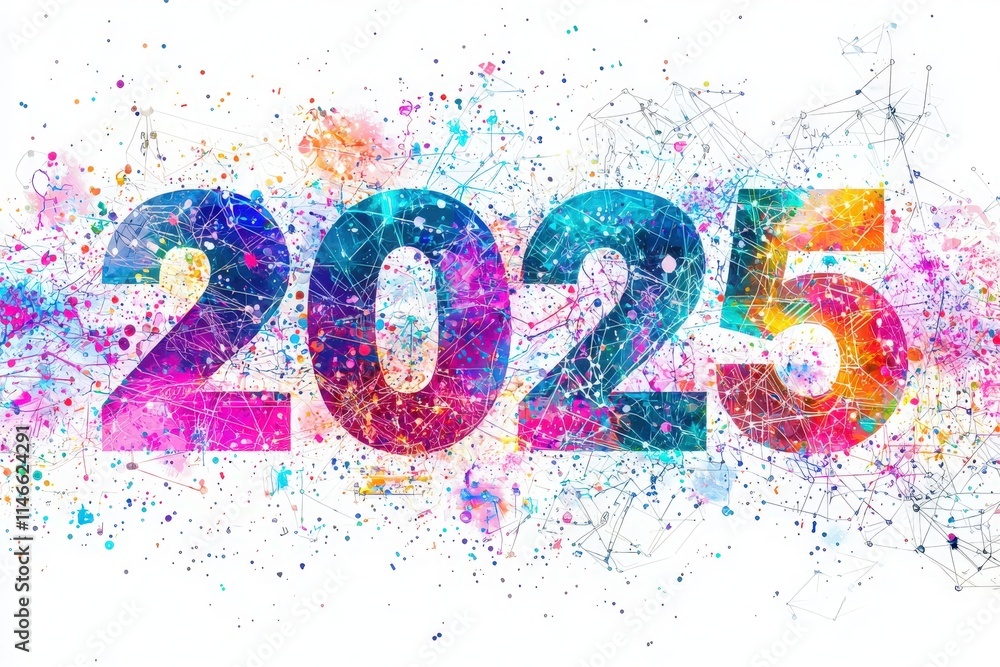Vibrant digital artwork showcasing the number 2025 in bold colors. The background features an abstract design with splashes of color and interconnected lines, symbolizing innovation.