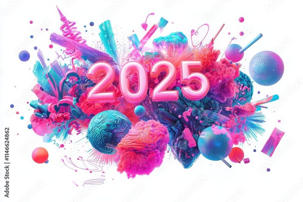 A vibrant display of abstract shapes and colors symbolizes the year 2025. Various textures and forms blend in a dynamic composition, creating a sense of excitement for the future.