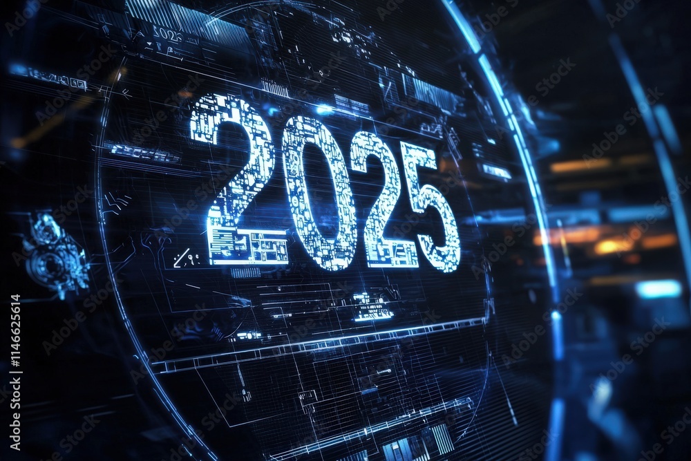 Glowing numbers representing the year 2025 are prominently displayed against a backdrop of digital circuitry. The atmosphere conveys advanced technology and innovation.