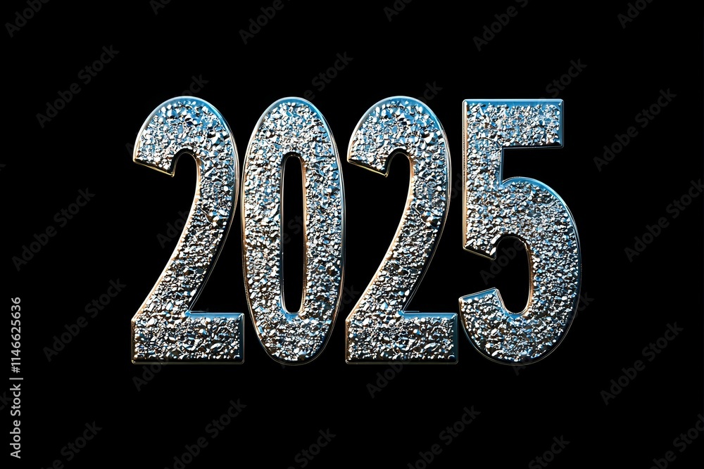 Bold digits display the year 2025 with a shimmering, textured surface. This design emphasizes a futuristic aesthetic, reflecting a new era with vibrant possibilities.