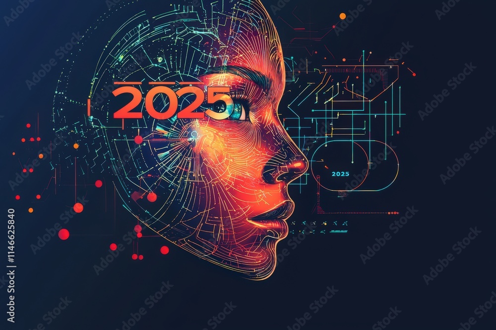 A striking visual of a digital face illuminated by colorful circuitry, symbolizing advancements in technology for the year 2025. Vivid colors and intricate designs highlight innovation and creativity.