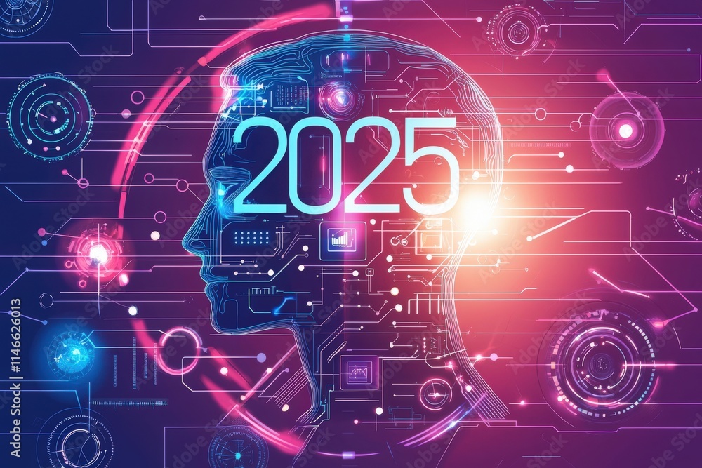 A futuristic design showcases a human head silhouette filled with circuit patterns and glowing elements, representing advanced technology and innovation projected for 2025.