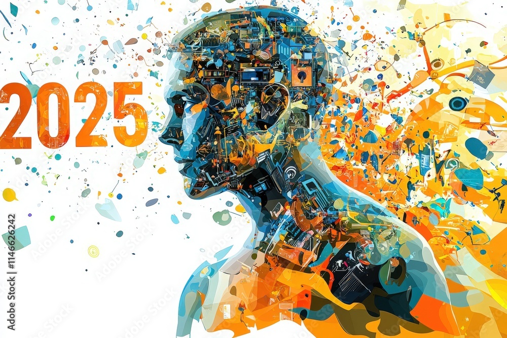 A vibrant illustration showcases a human head filled with intricate technological elements, symbolizing innovation and progress in 2025. Splashes of color enhance the dynamic composition.