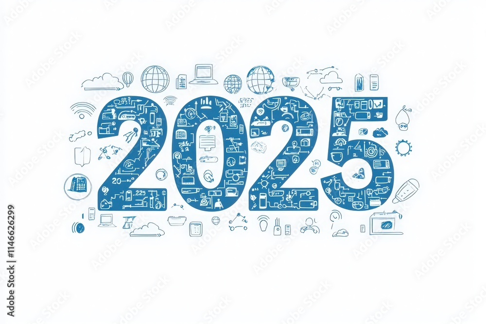 Illustrations of technology and innovation are creatively arranged around 2025, highlighting future trends and advancements in connectivity.