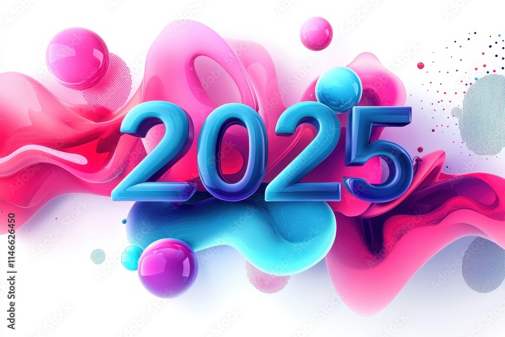 The graphic showcases the year 2025 prominently in blue, surrounded by dynamic pink and blue abstract shapes and spheres, creating a lively and modern aesthetic.