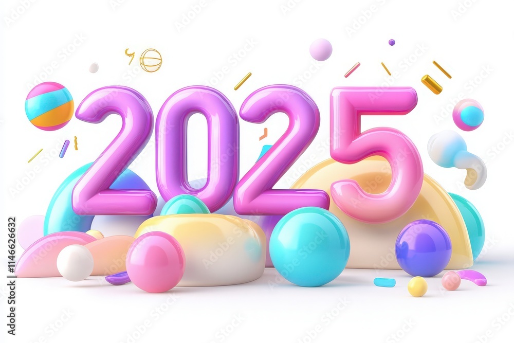A vibrant arrangement of the number 2025 surrounded by various geometric shapes and colorful objects. The cheerful design features pastel shades and playful elements, creating a festive atmosphere.