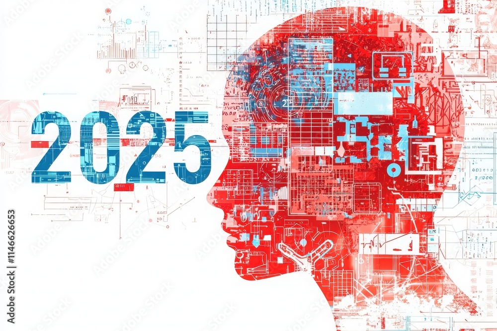 Conceptual art showcases a silhouette of a human head filled with digital patterns and elements, symbolizing advancements in technology and innovation projected for the year 2025.