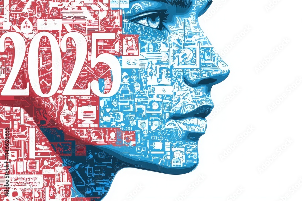 A striking graphic shows a human face composed of digital symbols in blue and red tones, highlighting a vision for the year 2025, blending technology, innovation, and humanity.