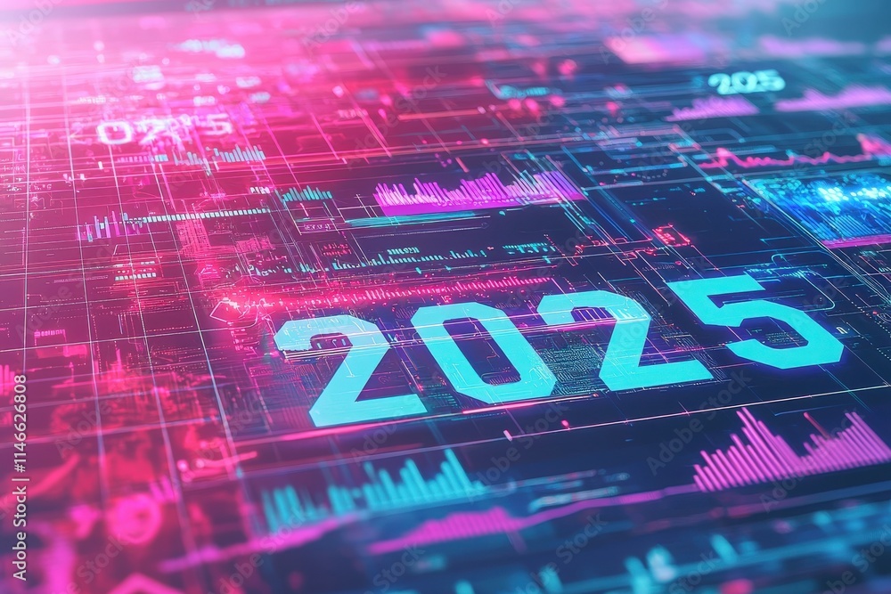 Visual depicts vibrant data analytics and digital graphics highlighting projections and trends for the year 2025. Various colors intertwine to signify advancements in technology and data analysis.