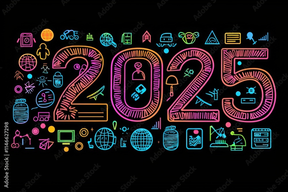 Vibrant neon graphics display the year 2025 surrounded by diverse symbols representing technology, travel, and communication. This artwork captures a futuristic vision of society.