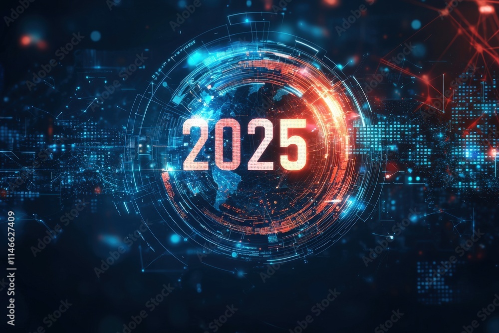 A vibrant digital representation features a globe surrounded by interconnected lines and bright colors, highlighting the year 2025. The composition evokes a sense of technological advancement.
