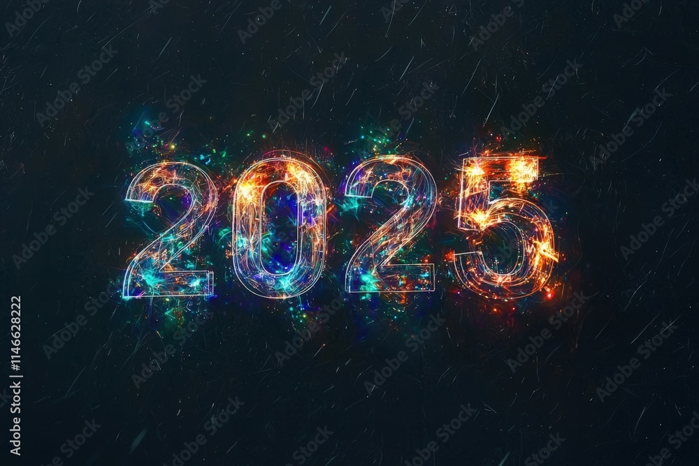 Bright lights and vibrant colors create the year 2025 in a dynamic display of sparks, symbolizing celebration and hope for the upcoming year. This artwork reflects excitement and new beginnings.