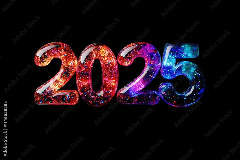 Bright and colorful digits representing the year 2025 shine against a dark backdrop, featuring sparkling and swirling patterns within the numbers that capture the viewers attention.