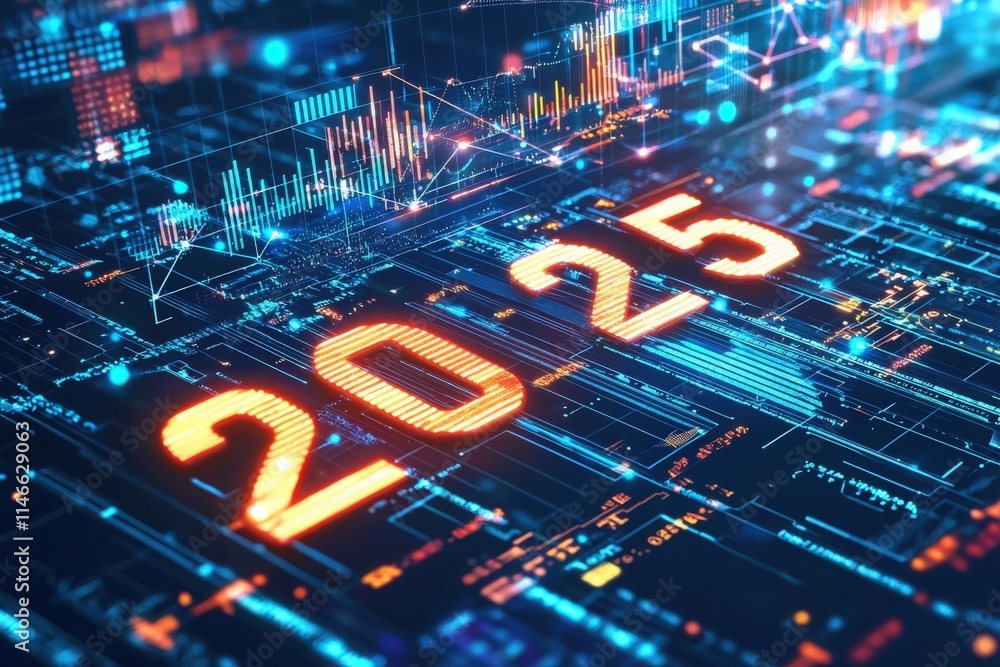 A dynamic display showcases the year 2025, highlighted with bright numerals amid a network of digital patterns and data visualizations. Colors and lights create a high-tech ambiance.