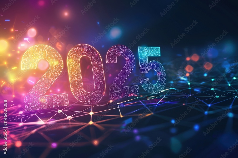Colorful 2025 figures stand out against a vibrant digital background filled with lights and patterns. The atmosphere exudes excitement and new beginnings for the coming year.