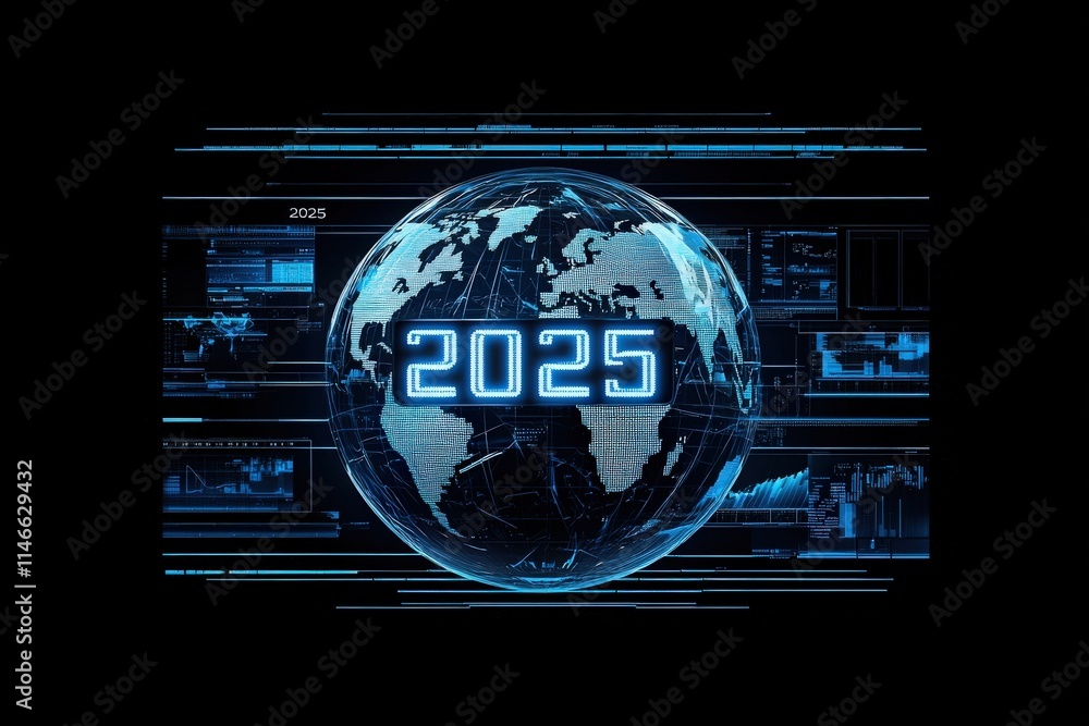 A digital representation of Earth highlights the year 2025, emphasizing global technology trends with various data visualizations in a futuristic style.