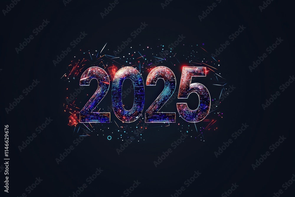 The design features the number 2025 in bold colors, surrounded by bursts of fireworks and twinkling stars, symbolizing celebration and anticipation for the new year.