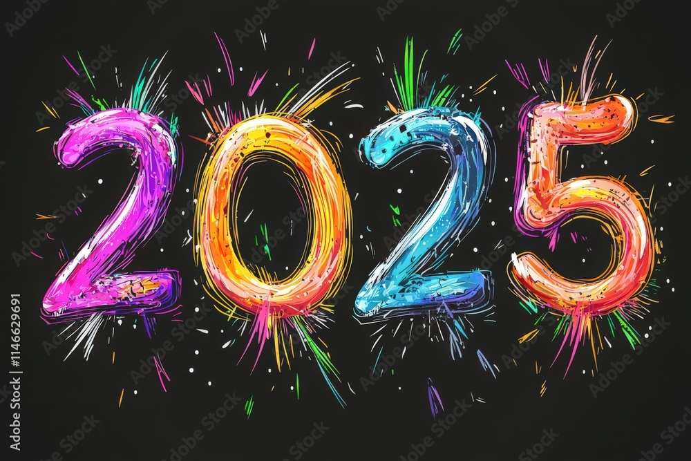 Vibrant numbers representing 2025 are illuminated by bursts of colorful fireworks, creating an exciting atmosphere for New Years festivities and events celebrating the arrival of the new year.
