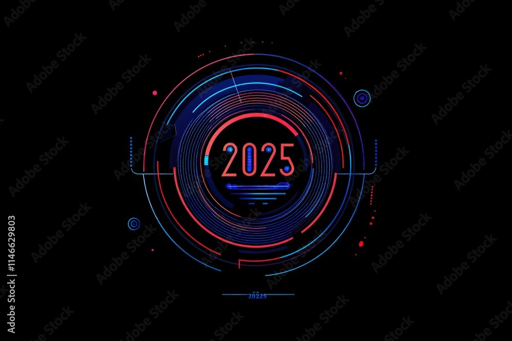 A futuristic digital design showcases the year 2025 in bold red and blue colors against a dark background. The graphic includes circular patterns and elements that suggest technology and innovation.