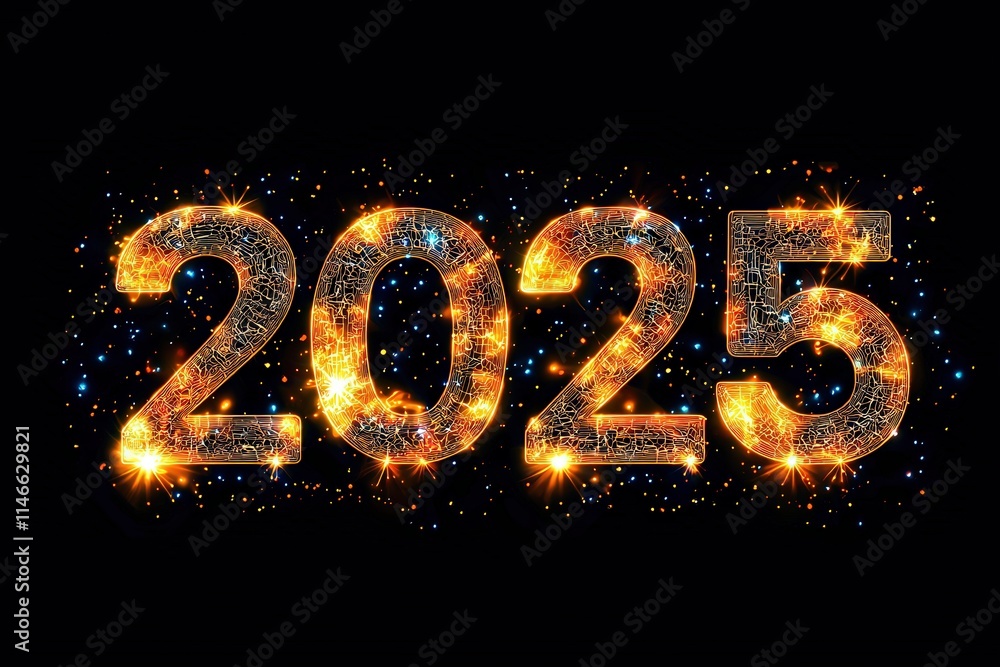 A dazzling representation of the year 2025 illuminated with vibrant lights and fireworks. The glimmering numbers stand out against a dark backdrop, symbolizing celebration and new beginnings.