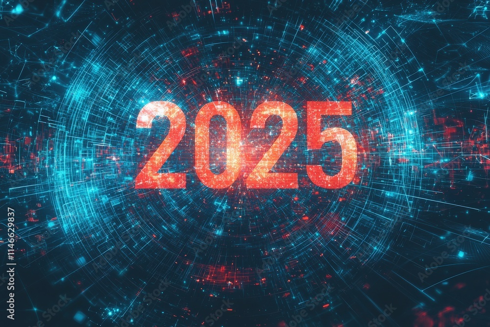 A vibrant digital representation of the year 2025 features glowing numbers amidst a futuristic background.