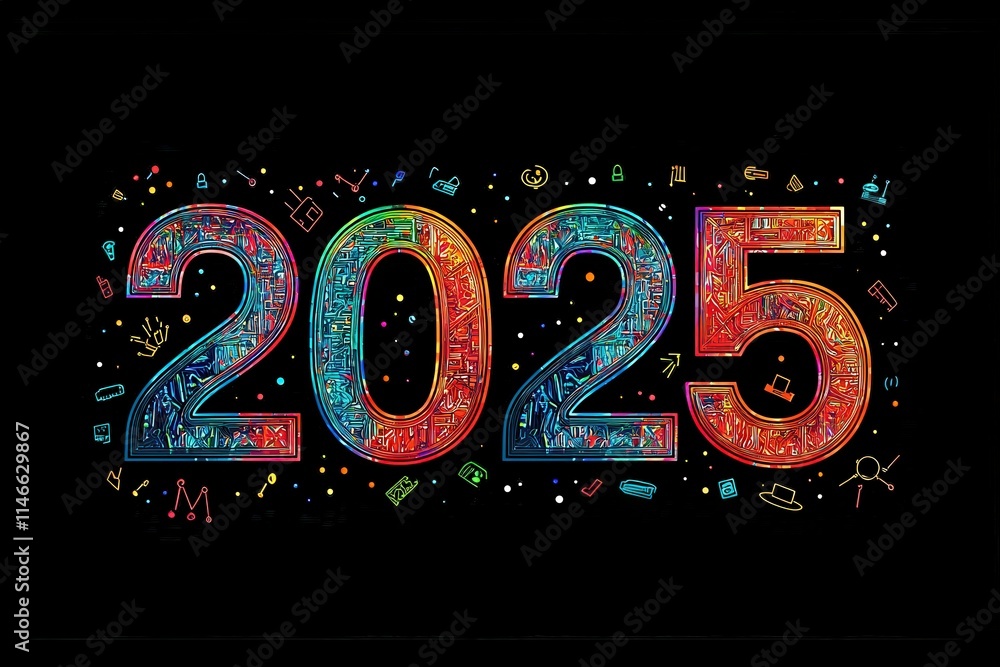 The colorful design showcases the number 2025 filled with intricate patterns and symbols, representing various themes and activities that define the upcoming year.