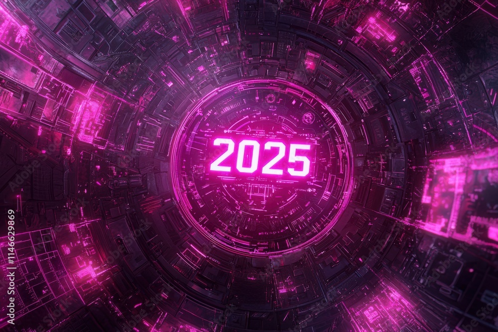 An abstract digital design showcases the year 2025 in striking pink hues surrounded by intricate geometric patterns. This futuristic concept emphasizes technological advancement.
