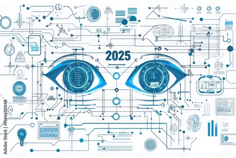 A captivating visual representation of eyes immersed in a network of technological elements, symbolizing the advancements anticipated by 2025.