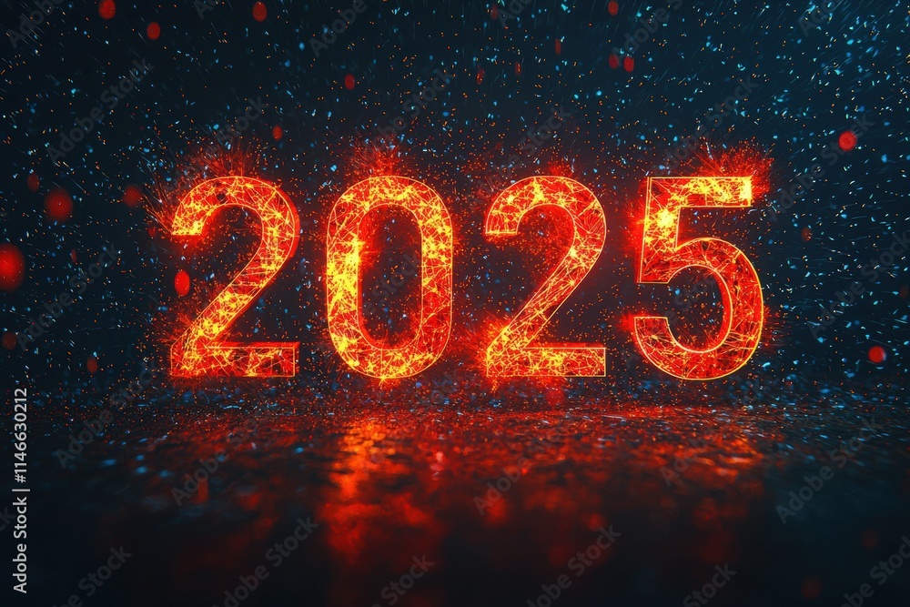 The year 2025 is artistically displayed in bright, glowing digits. Surrounding the numbers, colorful particles and lights create a dynamic and celebratory atmosphere, adding energy to the visual.