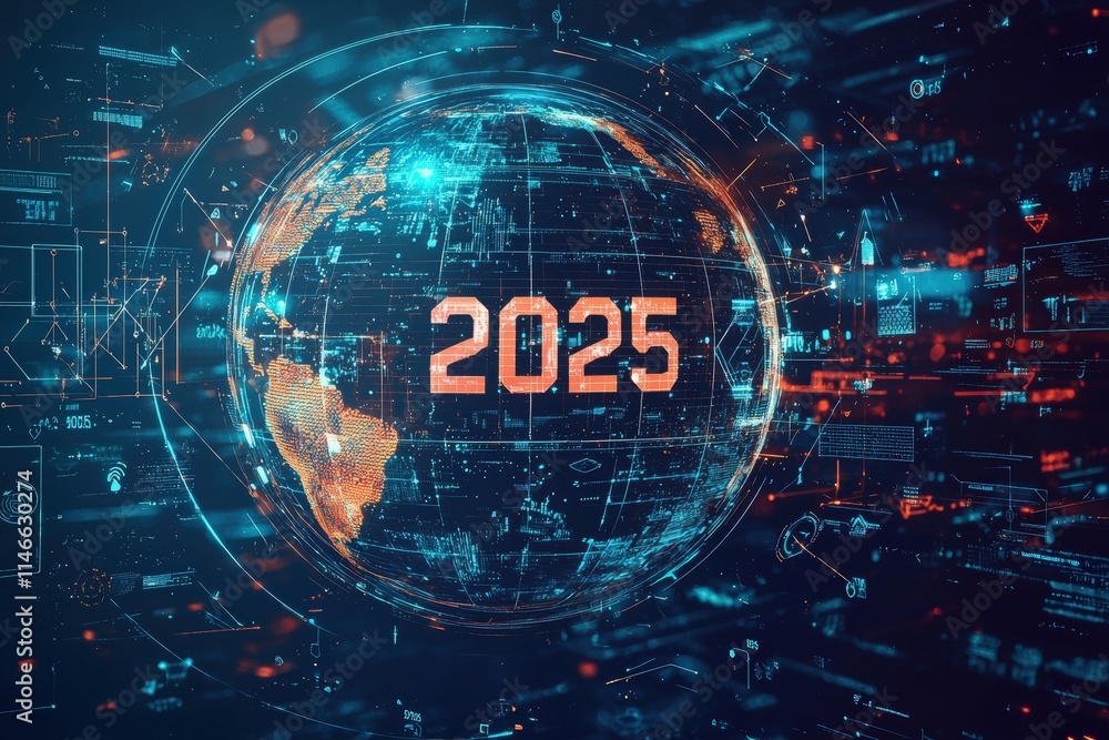 A digital globe is highlighted against a dark background, showing the year 2025 in bold orange numbers. Surrounding data graphics illustrate a technological theme, suggesting future advancements.