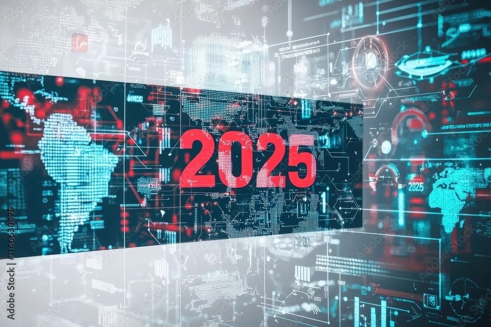 Abstract display of the year 2025 is highlighted against a backdrop of global data connections and technology graphics, symbolizing advancements and future possibilities.
